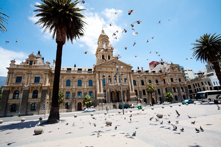 Cape Town City Hall with clock tower and pigeons flying under a blue sky.