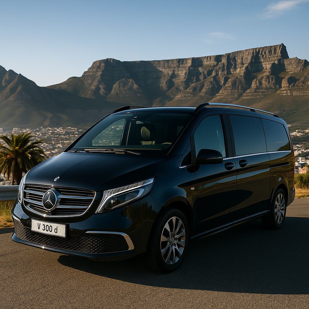 Black Mercedes-Benz V 300 d van in Cape Town with Table Mountain background.